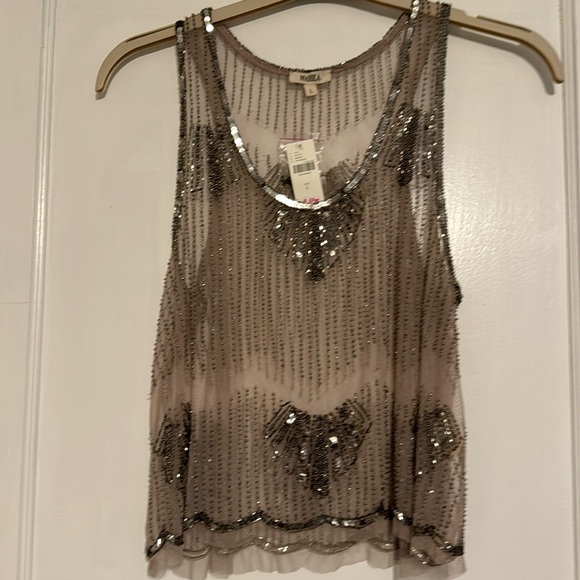 Anthropologie Tops - Anthro Mahila intricately beaded tank. Pink/rose with silver beads. Size L.